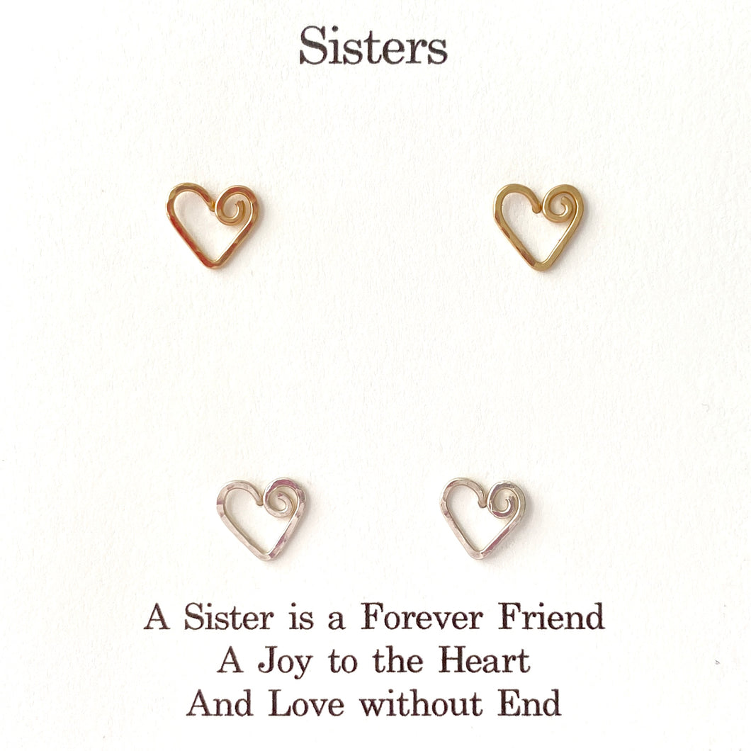 Sisters Gold and Silver Heart Studs Set. 2 Pairs 14k Gold and Sterling Heart Earrings.