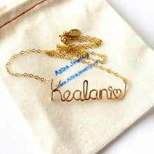 Load image into Gallery viewer, Heart Name Necklace. Custom Script Necklace. Gold or Silver Wire Necklace with small Heart. Personalized Jewelry.
