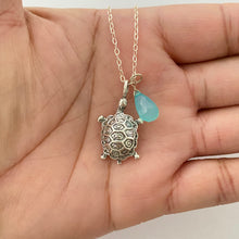 Load image into Gallery viewer, Turtle and Chalcedony Necklace. Sterling Silver Ocean Charm Beach Necklace
