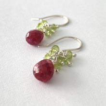 Load image into Gallery viewer, Ruby Earrings with Peridot. Real Gemstone Clusters. Sterling Silver Dangle Earrings
