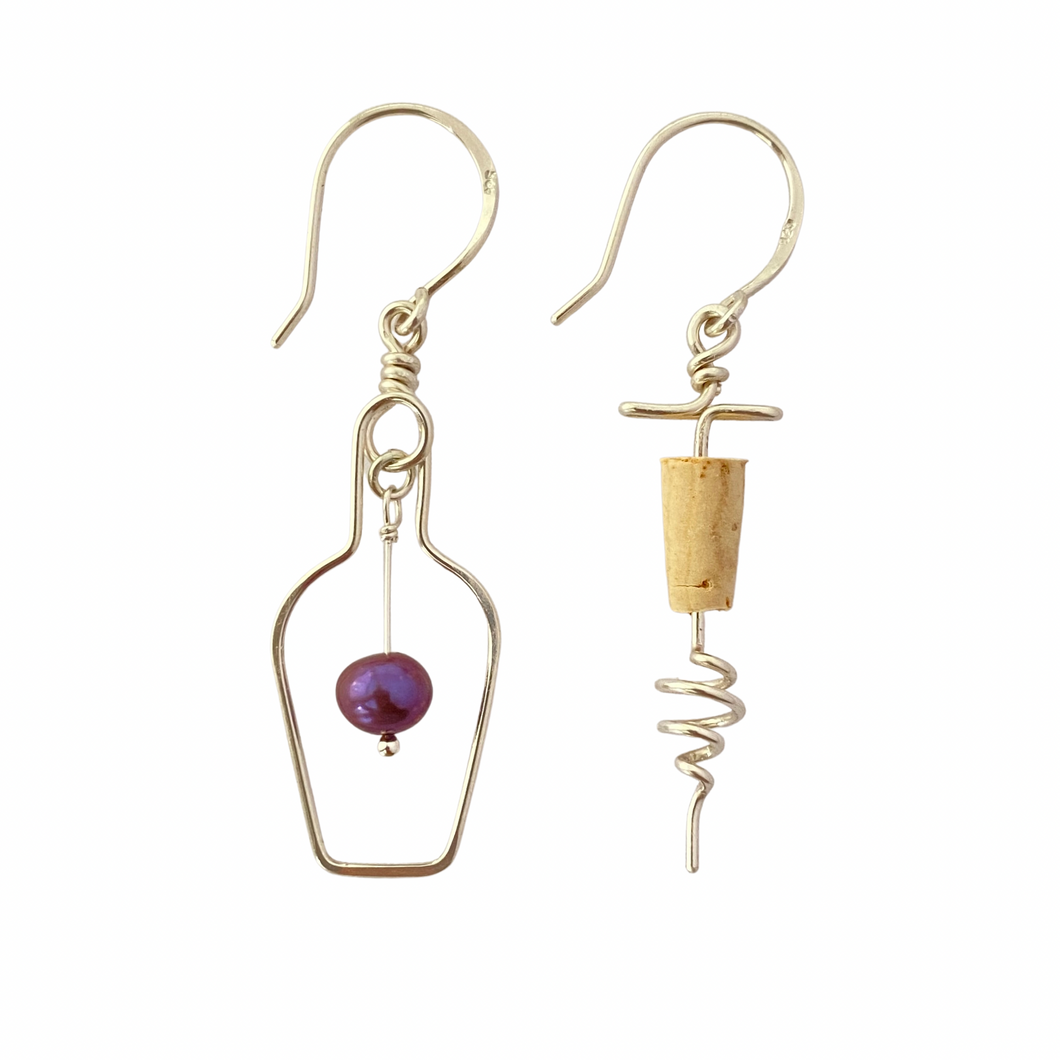 Wine Bottle and Cork Screw Sterling Silver Earrings. Wine Lovers Earrings with Purple Grape and real cork. Wine Bottle. Wine Themed Jewelry