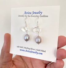 Load image into Gallery viewer, Pearl Earrings. Grey freshwater pearl quartz crystal earrings.
