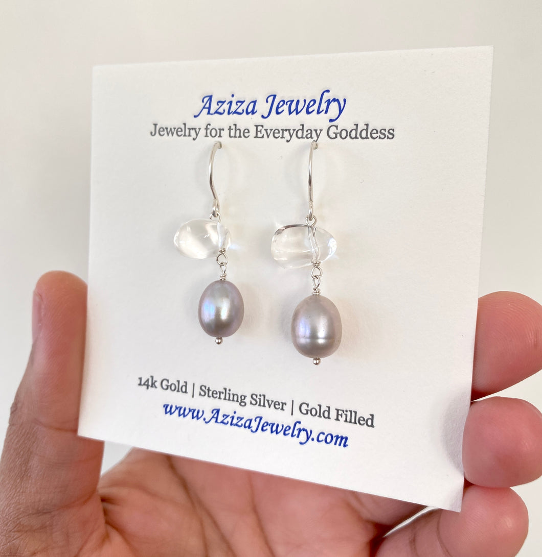 Pearl Earrings. Grey freshwater pearl quartz crystal earrings.