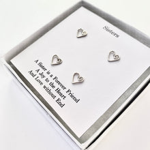 Load image into Gallery viewer, Sisters Gold and Silver Heart Studs Set. 2 Pairs 14k Gold and Sterling Heart Earrings.
