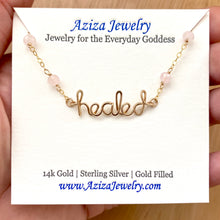 Load image into Gallery viewer, Gold Name Bracelet. Lowercase Custom Name Rose Quartz Bracelet. Inspiration Jewelry. Aziza Jewelry
