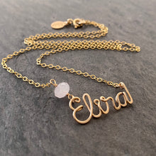 Load image into Gallery viewer, Name Necklace with Rose Quartz. Personalized Name Necklace. Custom Script Name Necklace in 14k Gold or Silver
