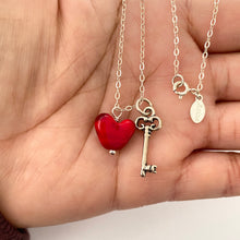 Load image into Gallery viewer, Heart Key Necklace. Glass Heart Bead and Skeleton Key Charm Sterling Silver necklace
