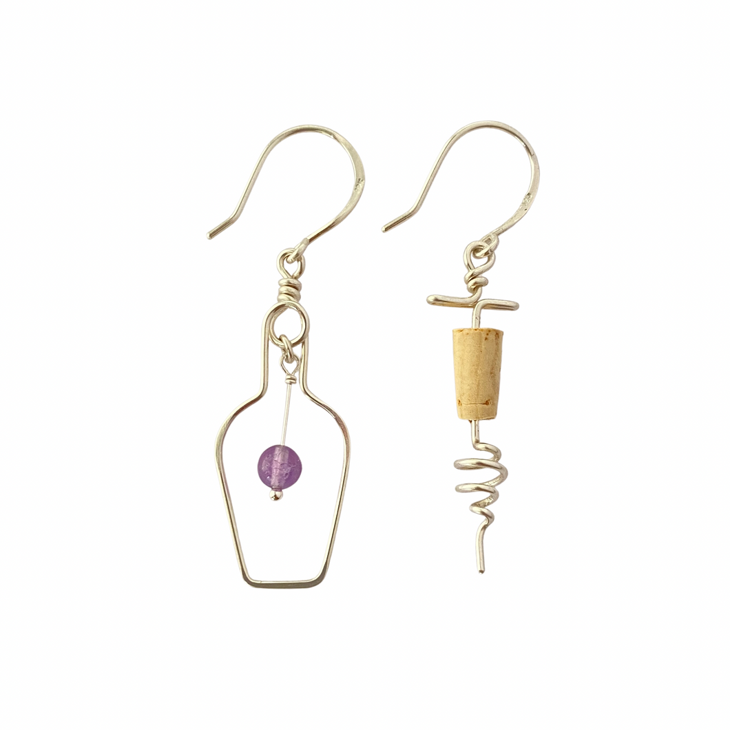 Wine Bottle and Cork Screw Sterling Silver Earrings. Wine Lovers Earrings with Purple Grape and real cork. Wine Themed Jewelry