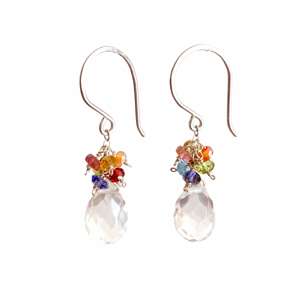 Clear Quartz Earrings with Rainbow Gemstones Clusters. Sterling Silver earrings.