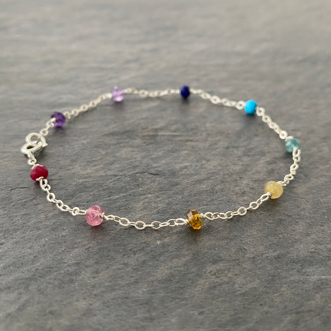 Rainbow Gemstone and Chain Bracelet. Delicate faceted genuine gemstone sterling silver bracelet