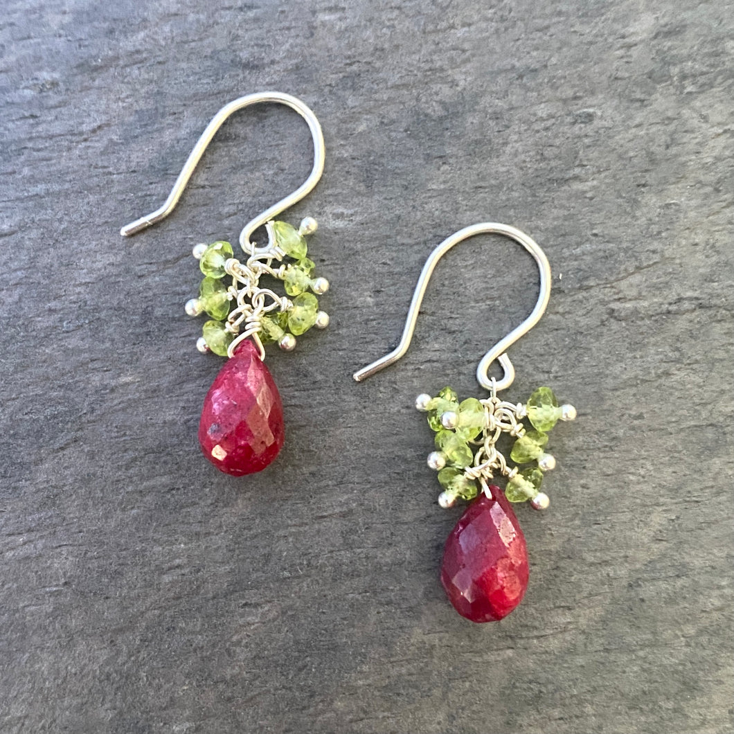 Ruby Earrings with Peridot. Real Gemstone Clusters. Sterling Silver Dangle Earrings