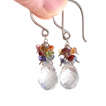 Load image into Gallery viewer, Clear Quartz Earrings with Rainbow Gemstones Clusters. Sterling Silver earrings.
