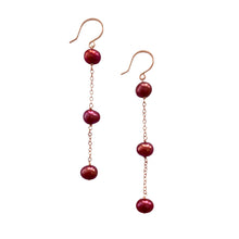 Load image into Gallery viewer, Burgundy Pearl Earrings. Freshwater pearl earrings with chain.
