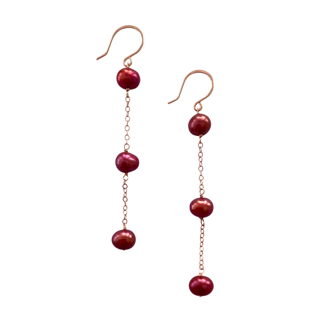 Burgundy Pearl Earrings. Freshwater pearl earrings with chain.