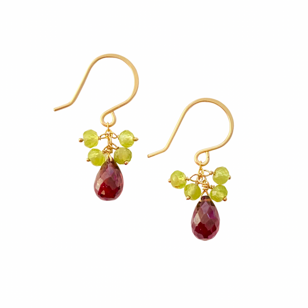 Garnet Earrings with Peridot Gemstone Clusters. 14k Gold Filled Earrings