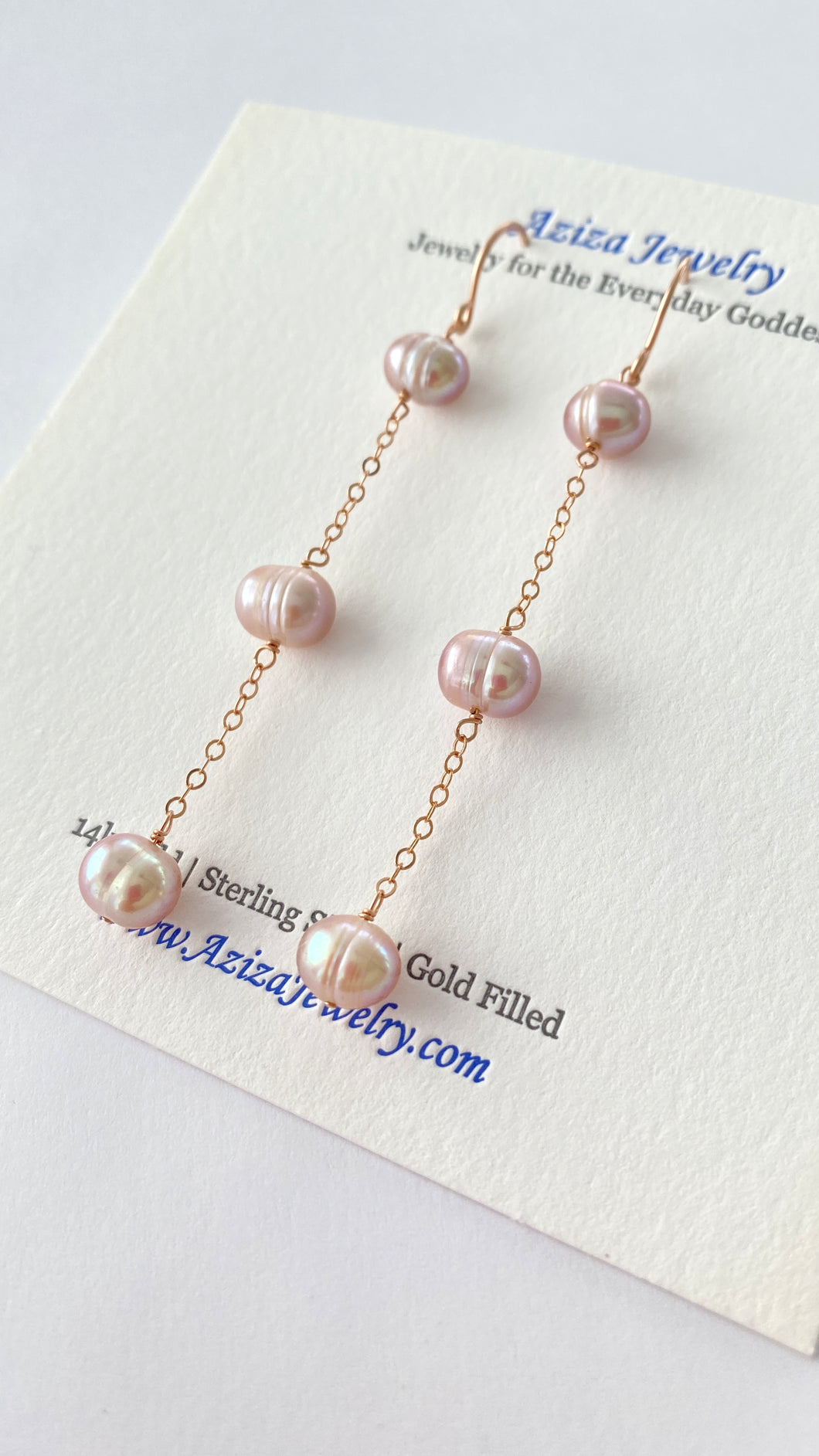 Long Pink Pearl Earrings. Freshwater pearl earrings with chain.