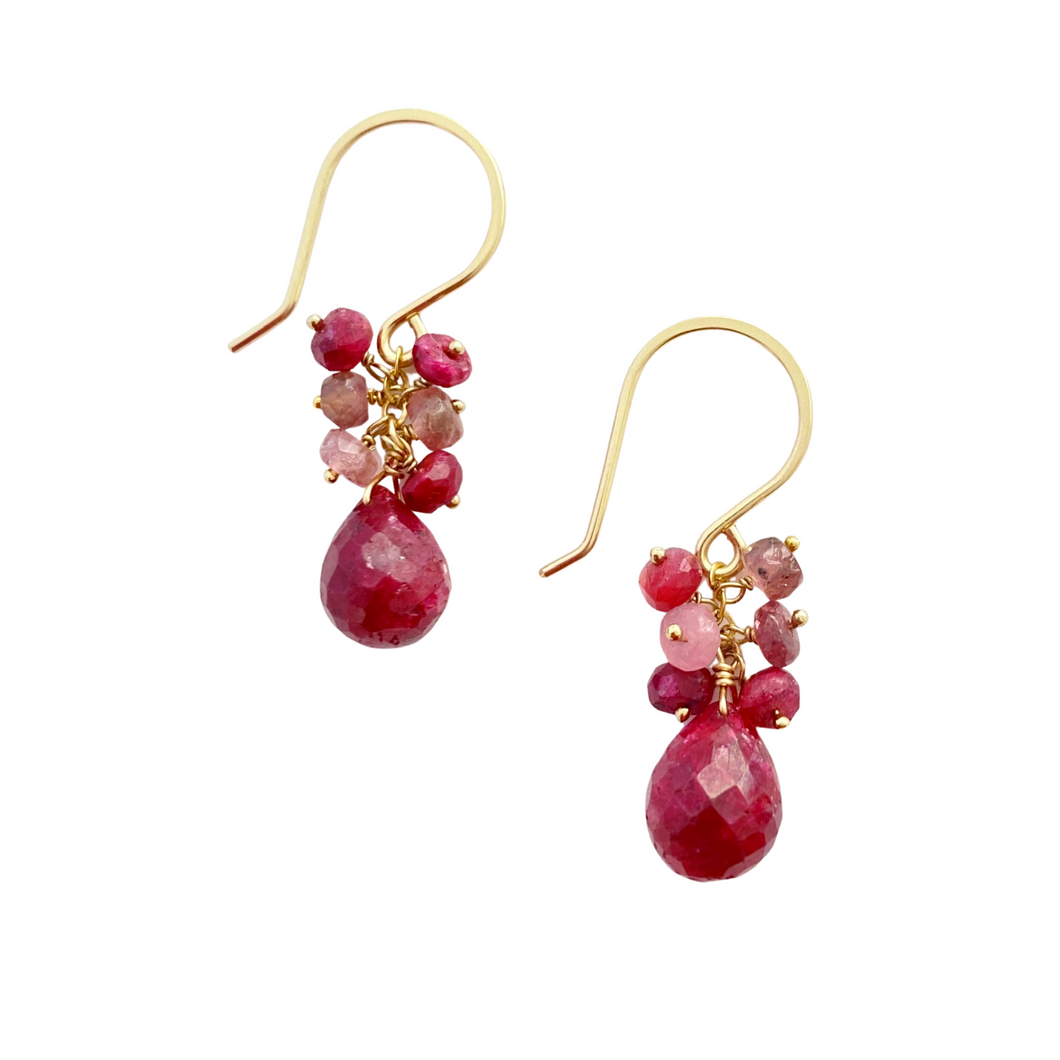 Ruby Earrings with Pink Tourmaline. Real Gemstone Clusters. Gold Earrings.