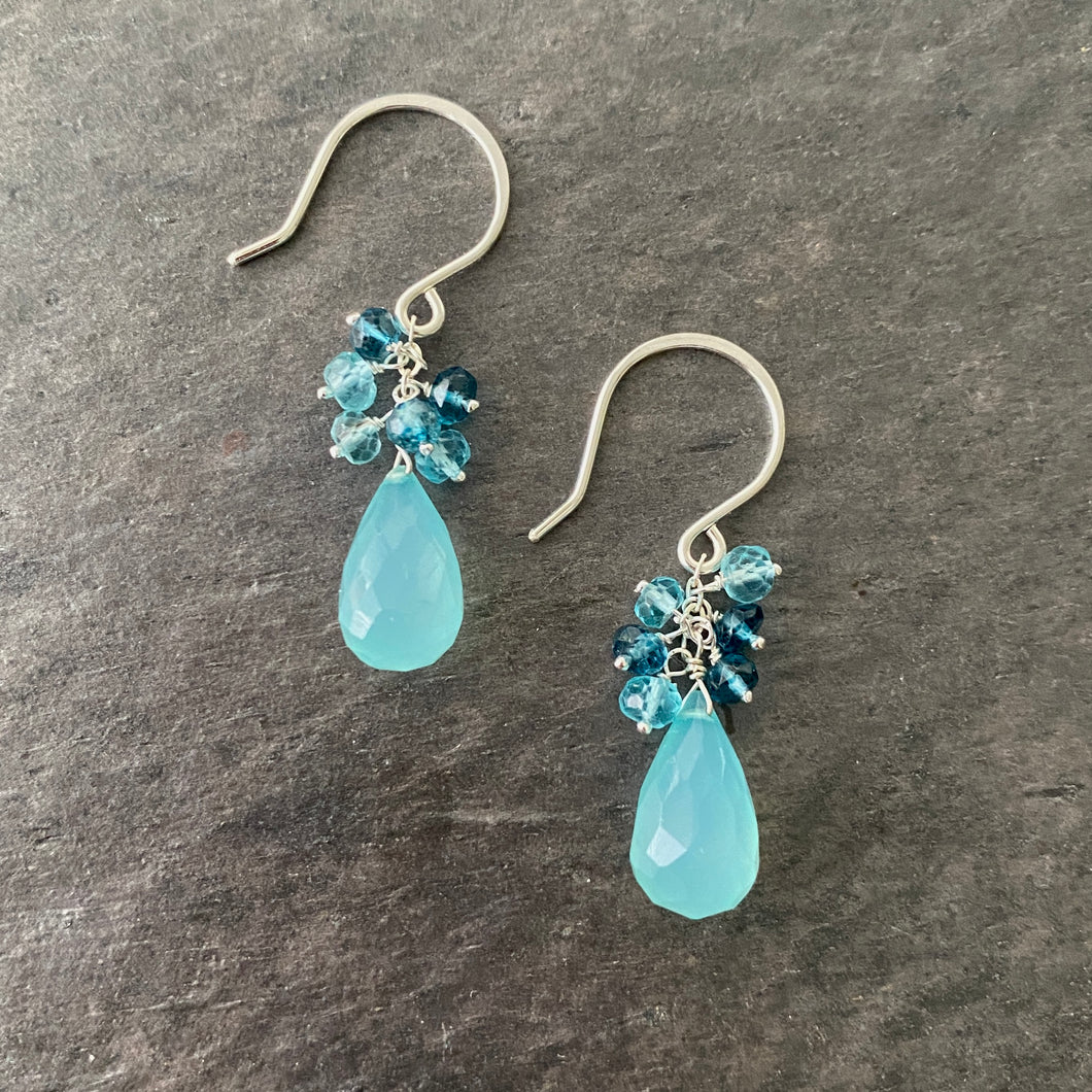 Green Chalcedony Gemstone Earrings. Topaz, Aquamarine Earrings. Teardrop Blue Green Gemstone Dangle Earrings. Silver Earrings