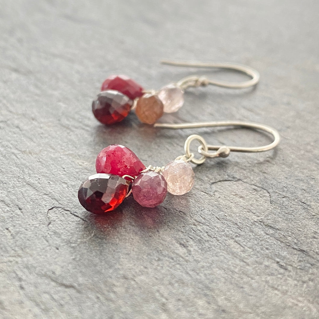 Ruby Earrings with Pink Tourmaline and Garnet. Real Gemstone Clusters. Sterling Silver Dangle Earrings