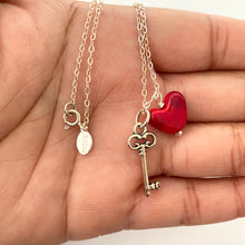 Load image into Gallery viewer, Heart Key Necklace. Glass Heart Bead and Skeleton Key Charm Sterling Silver necklace
