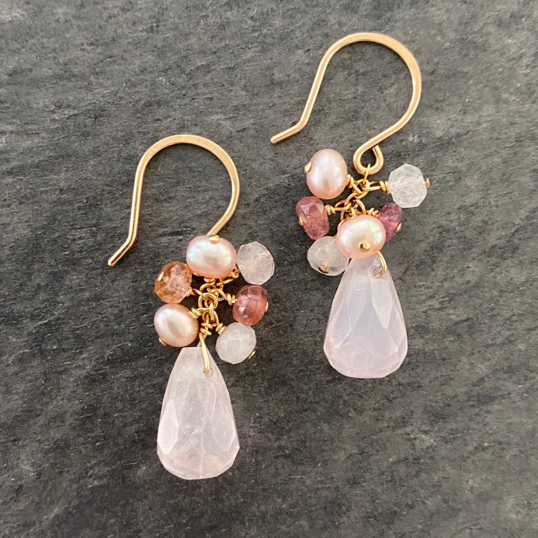 Rose Quartz Earrings with Pink Tourmaline and Freshwater Pearl Clusters. Sterling Silver or Gold FIlled Ear Wires