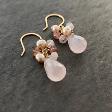 Load image into Gallery viewer, Rose Quartz Earrings with Pink Tourmaline and Freshwater Pearl Clusters. Sterling Silver or Gold FIlled Ear Wires
