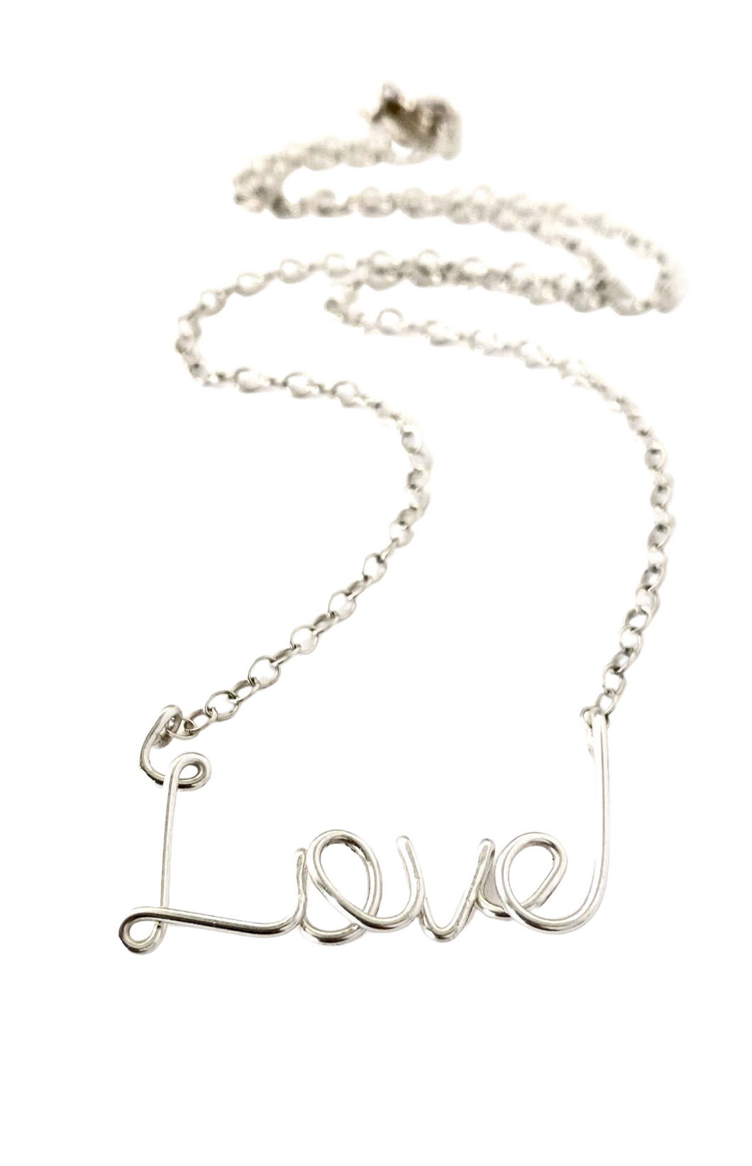 Large Love Necklace. Sterling Silver Script Wire Love Necklace.