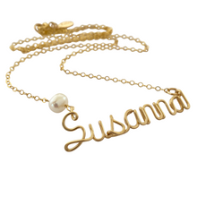 Load image into Gallery viewer, Custom Gold Name Necklace with Off White Freshwater Pearl. Personalized Pearl Name Necklace in 14k Gold. Script Name Brooklyn Necklace Pearl
