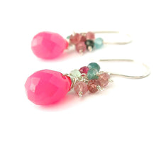 Load image into Gallery viewer, Pink Jade Earrings with Watermelon Tourmaline Clusters. Sterling Silver Earrings.
