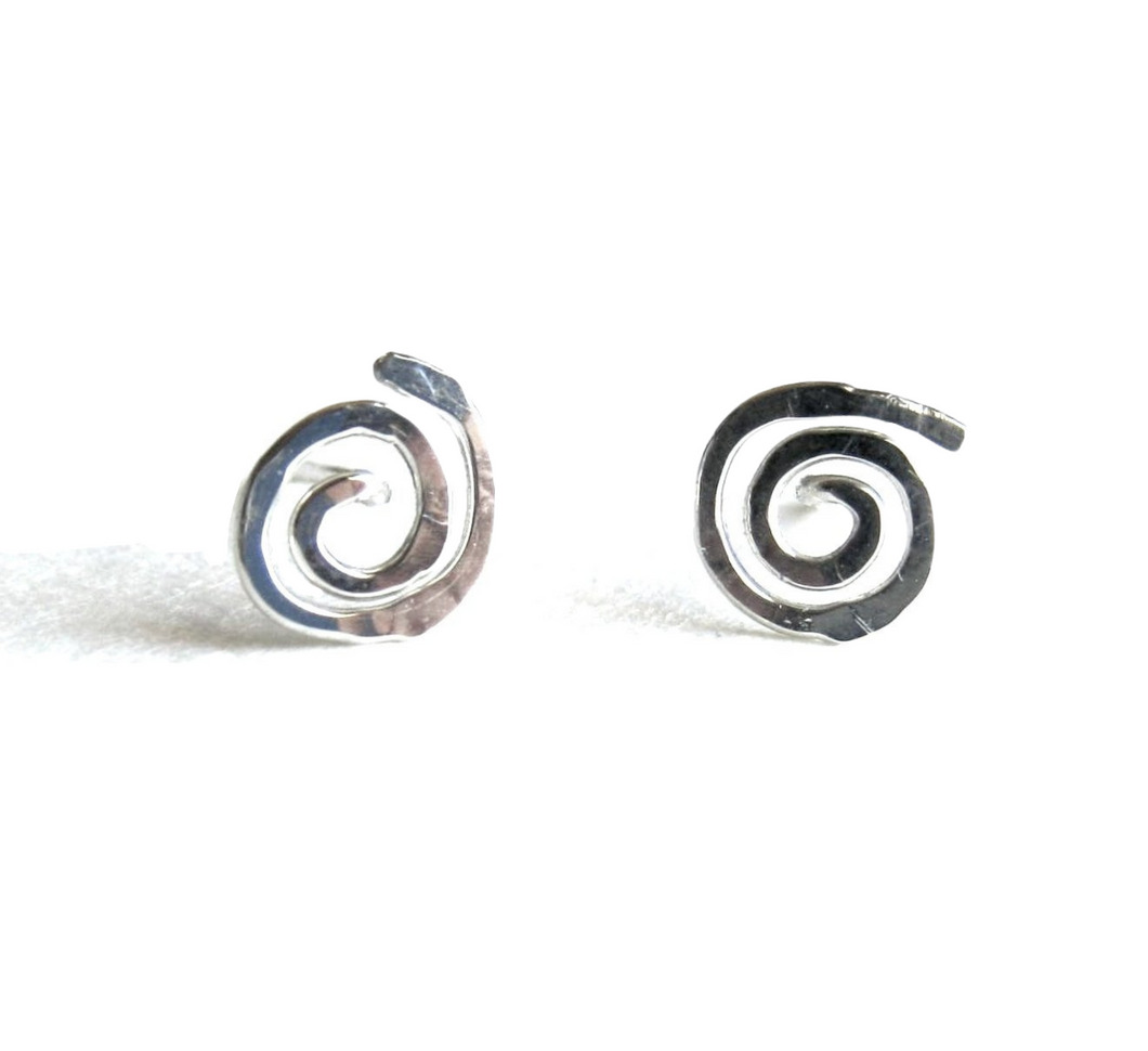 Sun Swirl Stud Earrings. Sterling Silver Hand Hammered Spiral Studs. Round Flat Swirl Stud Post Earrings