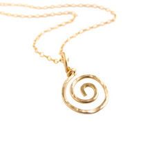 Load image into Gallery viewer, Gold sun swirl pendant. Gold spiral necklace pendant. 14k Gold Round Swirl Hammered Pendant.
