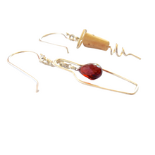 Load image into Gallery viewer, Red Wine Jewelry. 14k White Gold Garnet Wine Bottle and Cork Screw Earrings. Wine Gift
