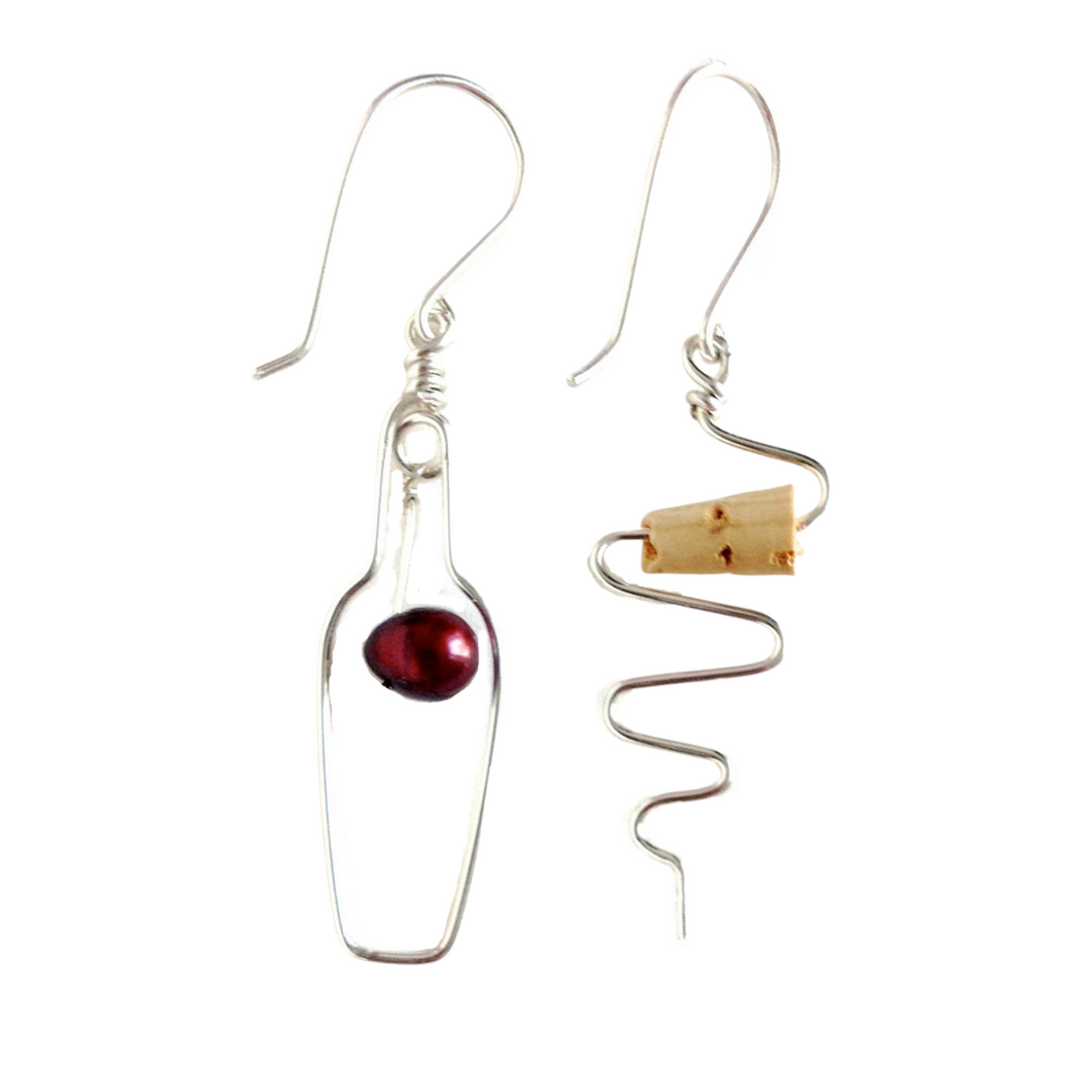 Wine Bottle and Cork Screw Sterling Silver Earrings. Wine Lovers Earrings with Red Grape and real cork. Wine Bottle. Wine Themed Jewelry