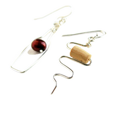 Load image into Gallery viewer, Wine Bottle and Cork Screw Sterling Silver Earrings. Wine Lovers Earrings with Red Grape and real cork. Wine Bottle. Wine Themed Jewelry
