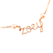 Load image into Gallery viewer, Custom Rose Gold Name Necklace W Pink Pearls 14k Personalized Rose Gold Name Necklace with genuine freshwater pearls. Girls Name Necklace
